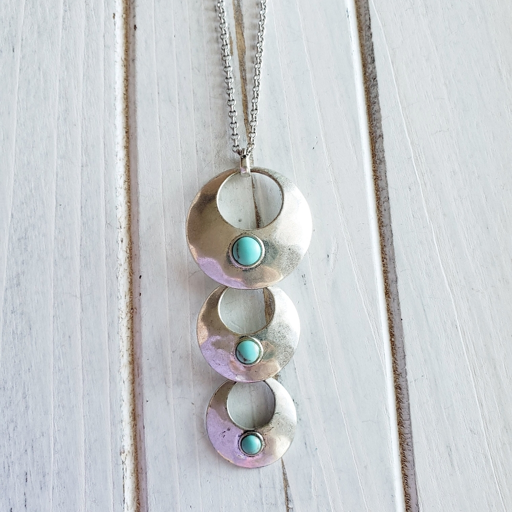 Necklace 32” Silver Tone Long Boho Southwest Turquoise-like Stone